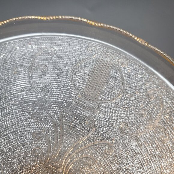 Vintage Glass Cake Plate Jeanette Harp Design Gold Edged Scalloped Dish DD03 - Picture 6 of 7
